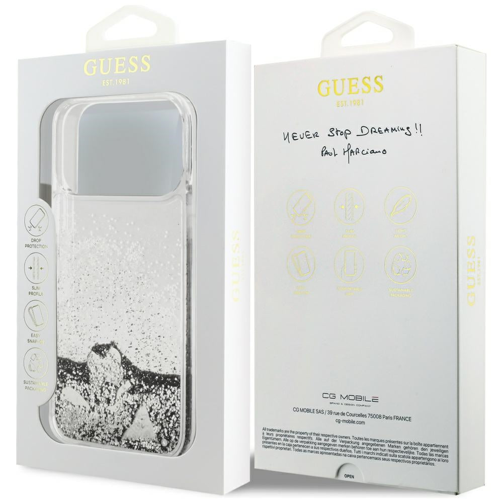 Husa pentru Apple iPhone 17 Pro, Guess, Liquid Glitter Charms, Argintie