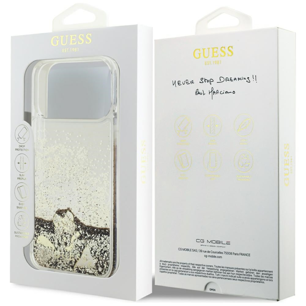 Husa pentru Apple iPhone 17 Pro, Guess, Liquid Glitter Charms, Aurie