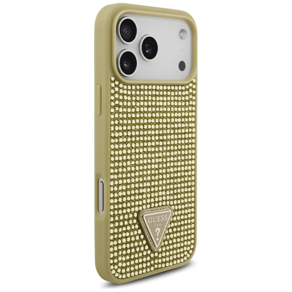 Husa pentru Apple iPhone 17 Pro, Guess, Rhinestone Triangle Logo, Aurie