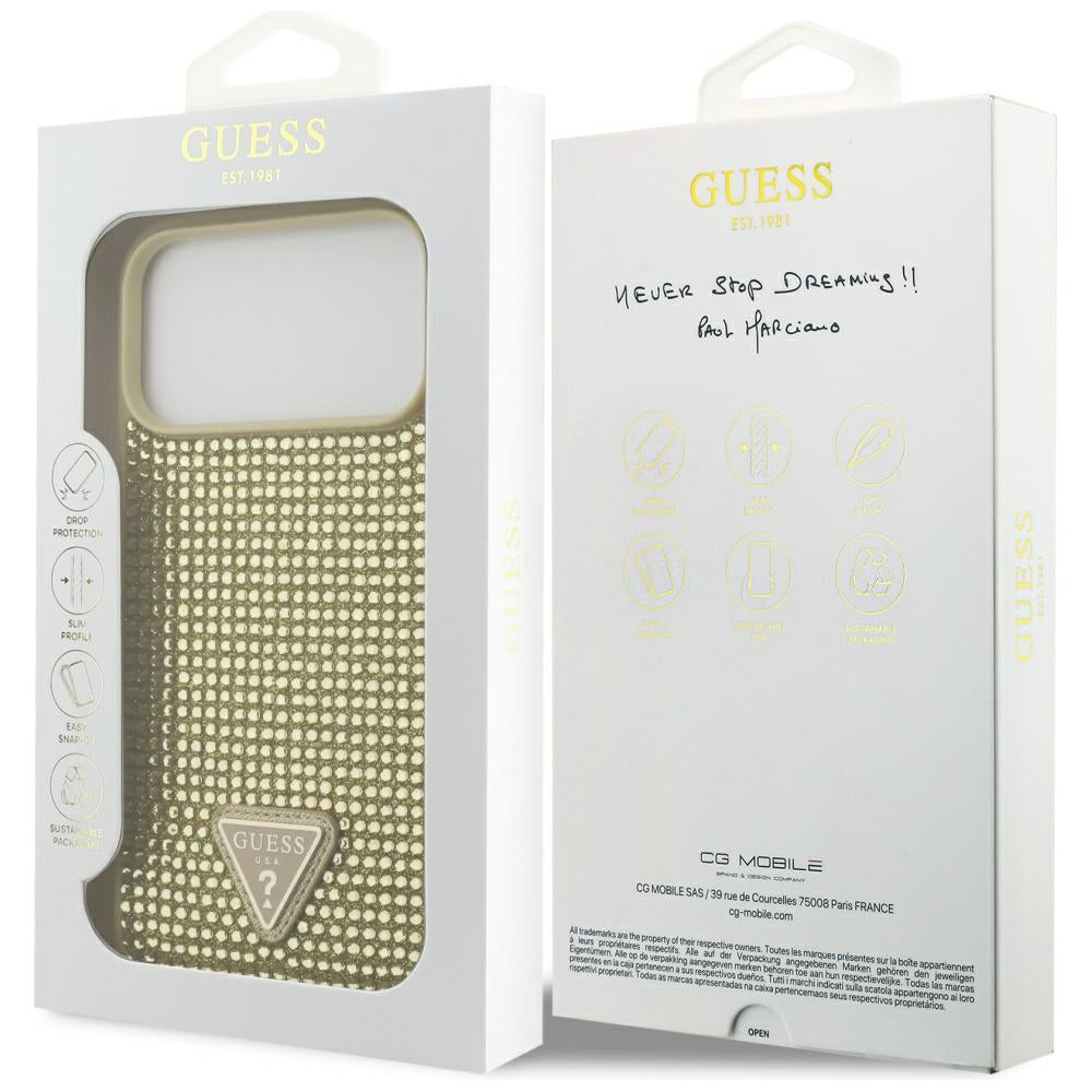 Husa pentru Apple iPhone 17 Pro, Guess, Rhinestone Triangle Logo, Aurie