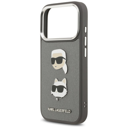 Husa pentru Apple iPhone 17 Pro, Karl Lagerfeld, Grained Karl & Choupette's Heads Pins and Logo, Gri