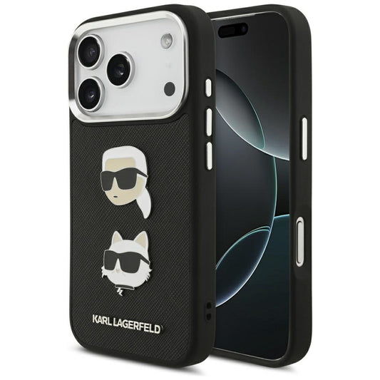 Husa pentru Apple iPhone 17 Pro, Karl Lagerfeld, Grained Karl & Choupette's Heads Pins and Logo, Neagra