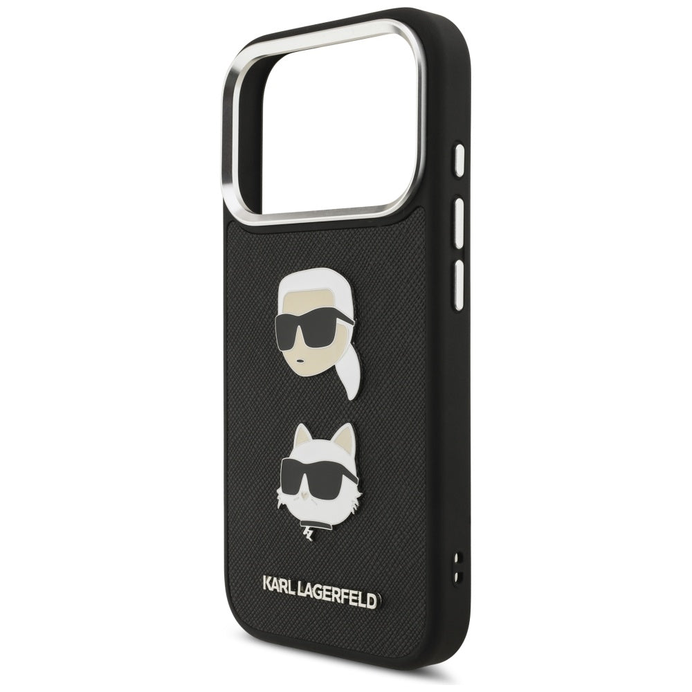 Husa pentru Apple iPhone 17 Pro, Karl Lagerfeld, Grained Karl & Choupette's Heads Pins and Logo, Neagra