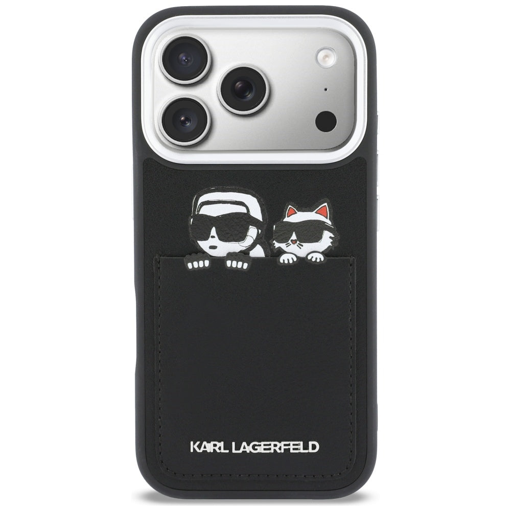 Husa pentru Apple iPhone 17 Pro, Karl Lagerfeld, Karl & Choupette Print with Pocket, Neagra