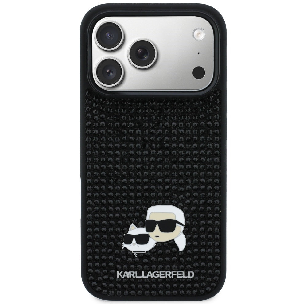 Husa pentru Apple iPhone 17 Pro, Karl Lagerfeld, Rhinestone Karl & Choupette Pins, Neagra