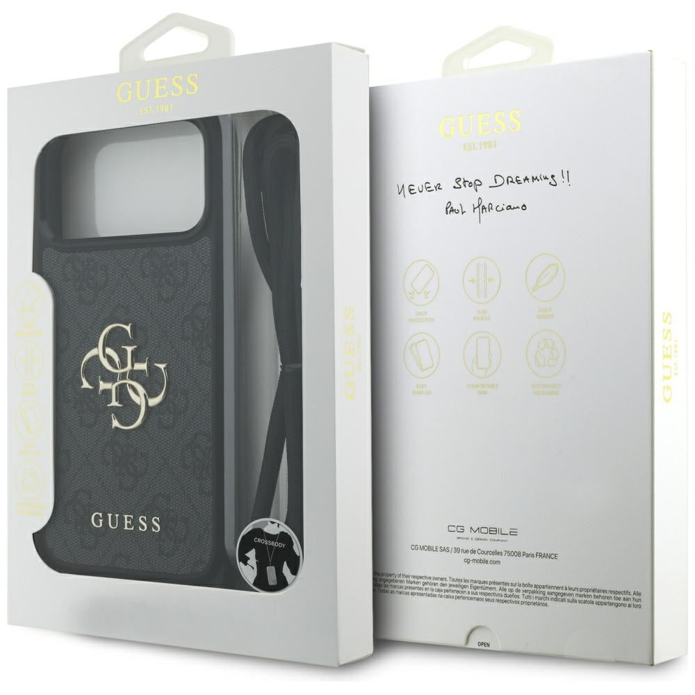 Husa pentru Apple iPhone 17 Pro Max, Guess, 4G CBDY Big Logo with Cord Strap, Neagra