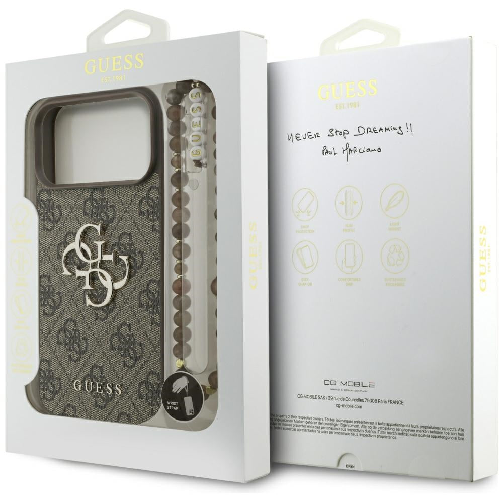 Husa pentru Apple iPhone 17 Pro Max, Guess, 4G Classic Logo with Pearl Strap, Maro