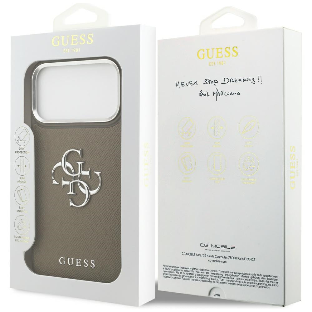 Husa pentru Apple iPhone 17 Pro Max, Guess, 4G Grained Big And Classic Logo, Maro Argintie