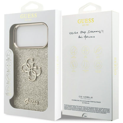 Husa pentru Apple iPhone 17 Pro Max, Guess, Fixed Glitter Big 4G Metal Frame, Aurie