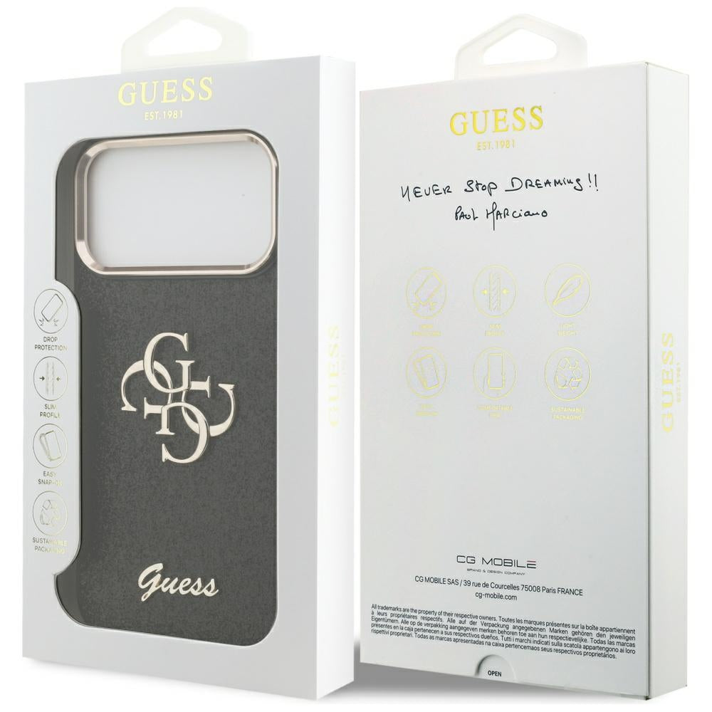 Husa pentru Apple iPhone 17 Pro Max, Guess, Fixed Glitter Big 4G Metal Frame, Neagra