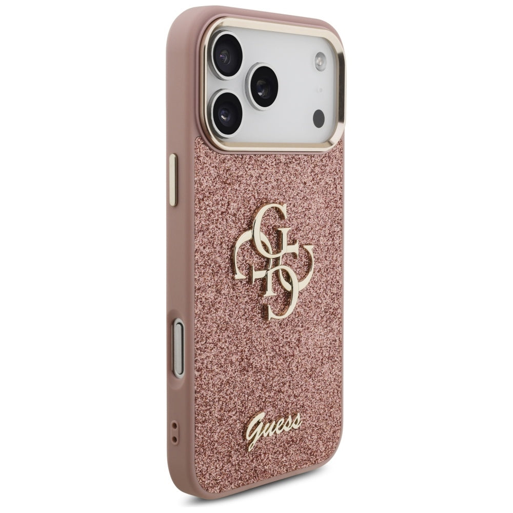 Husa pentru Apple iPhone 17 Pro Max, Guess, Fixed Glitter Big 4G Metal Frame, Roz