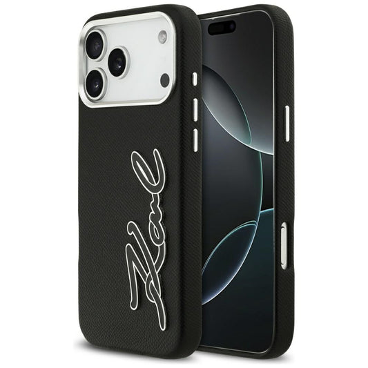Husa pentru Apple iPhone 17 Pro Max, Karl Lagerfeld, FW Grained Signature Logo, Neagra