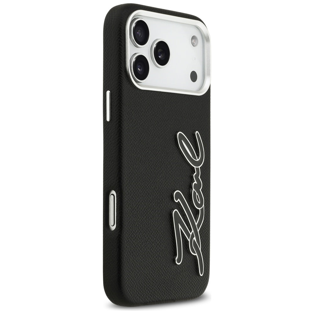 Husa pentru Apple iPhone 17 Pro Max, Karl Lagerfeld, FW Grained Signature Logo, Neagra