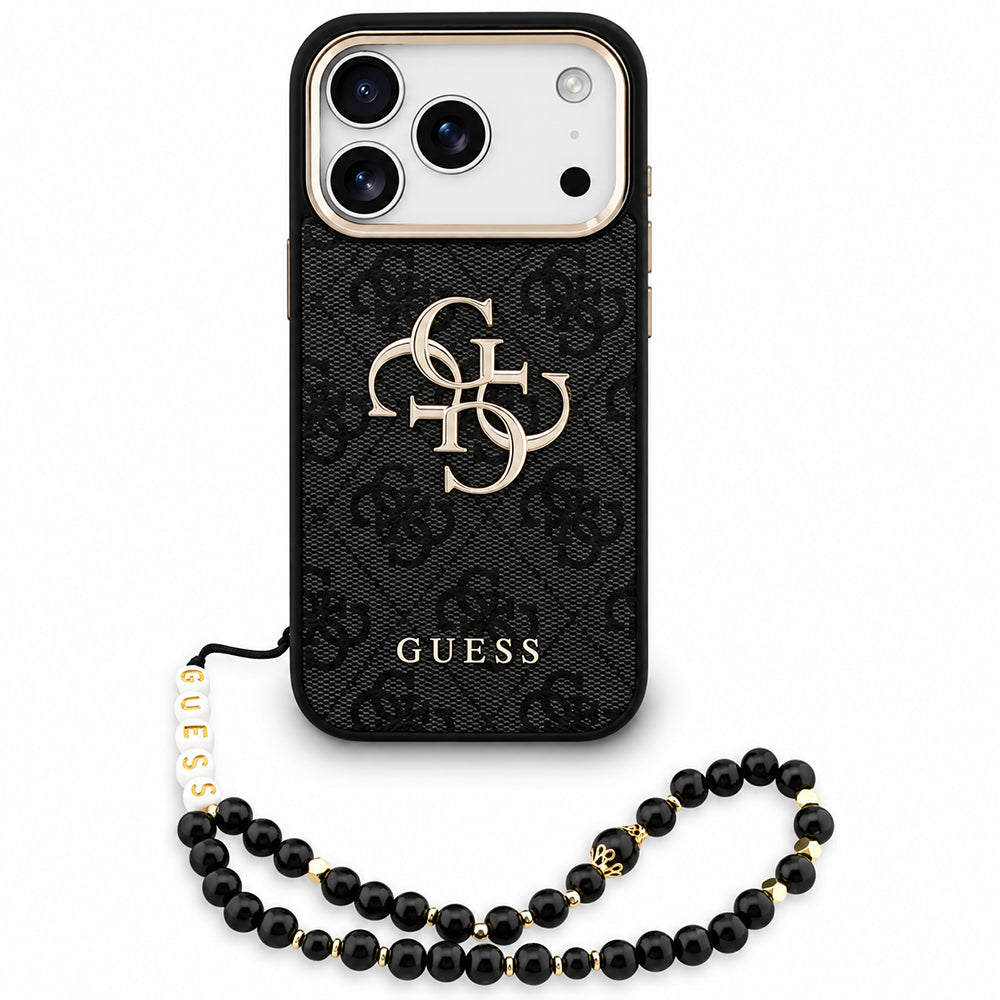 Husa pentru Apple iPhone 18 Pro / 17 Pro, Guess, 4G Classic Logo with Strap, Neagra Aurie