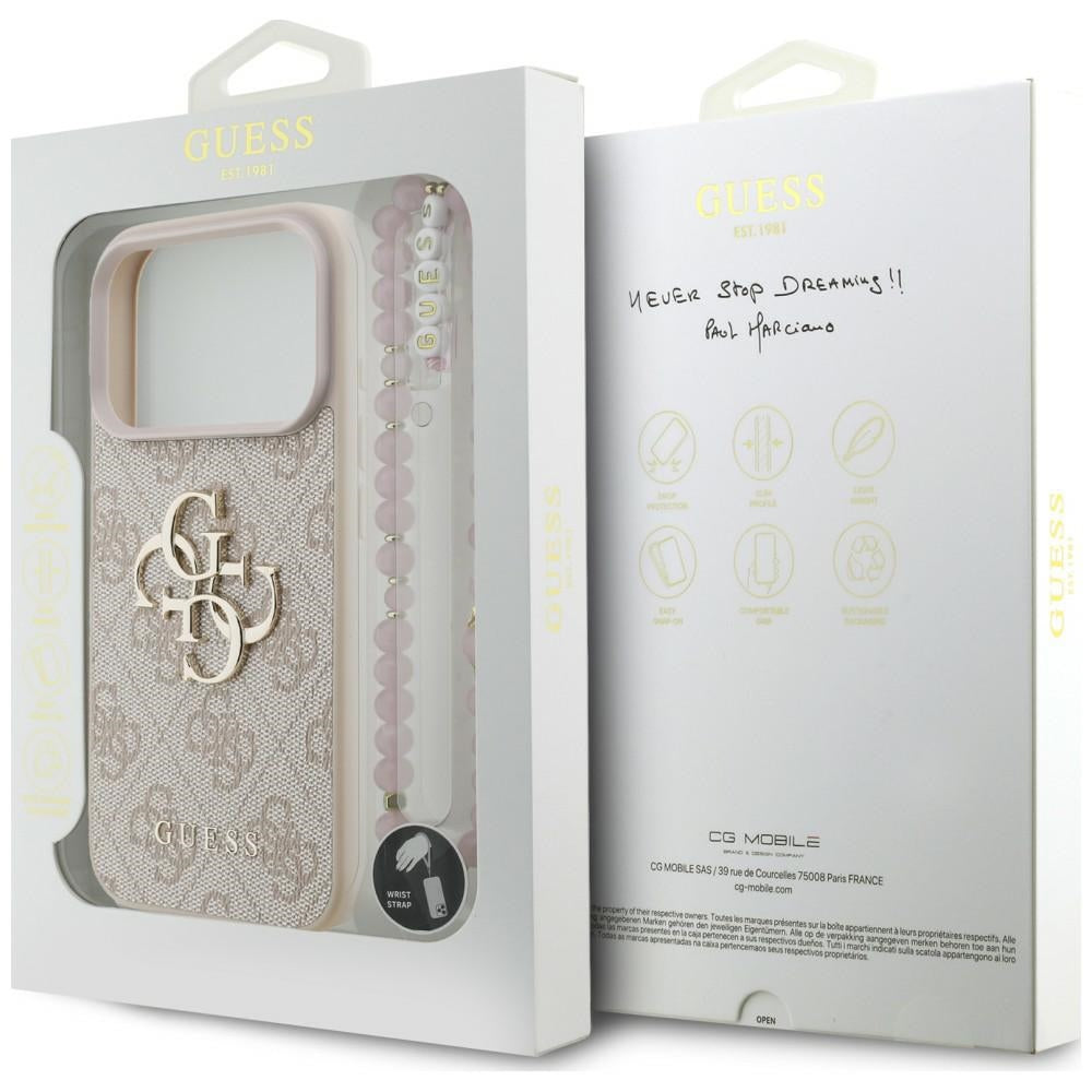 Husa pentru Apple iPhone 18 Pro / 17 Pro, Guess, 4G Classic Logo with Strap, Roz