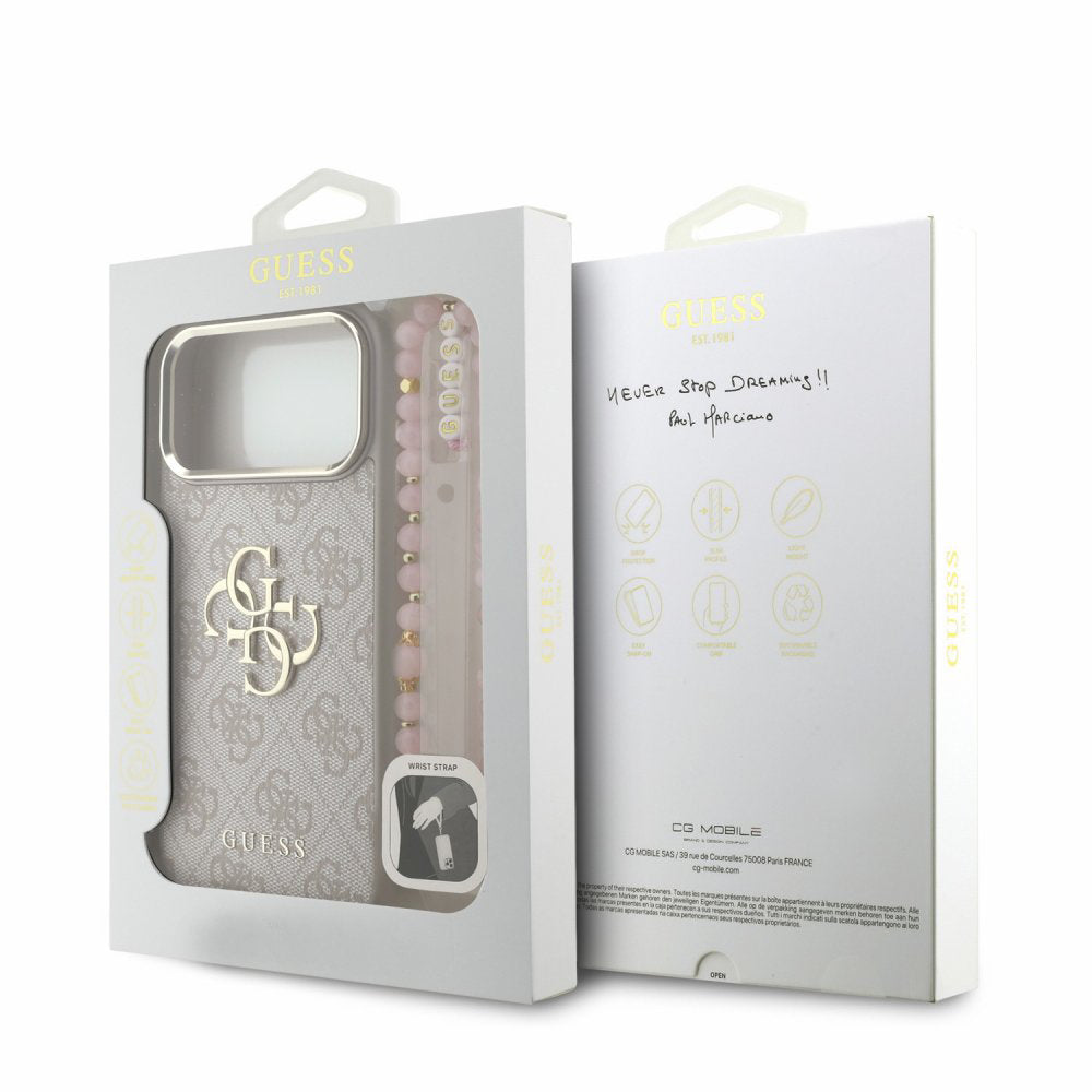 Husa pentru Apple iPhone 18 Pro / 17 Pro, Guess, 4G Classic Logo with Strap, Roz Aurie