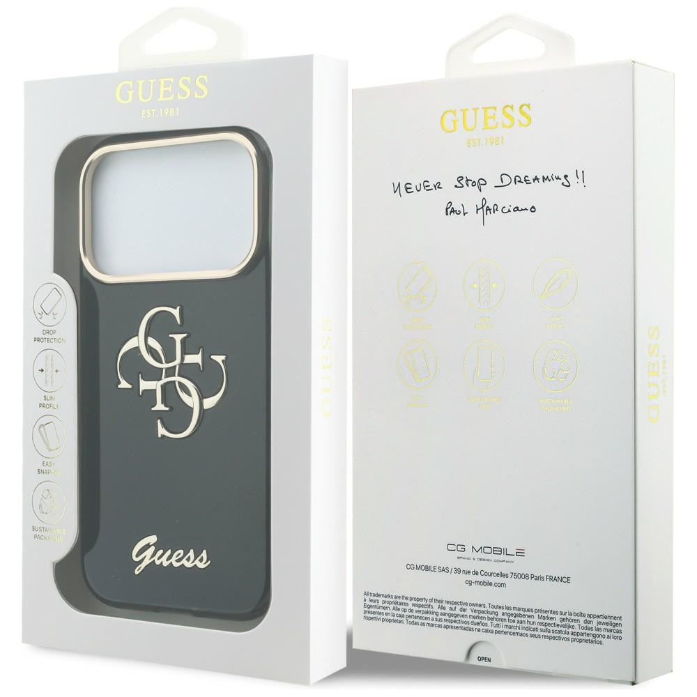 Husa pentru Apple iPhone 18 Pro / 17 Pro, Guess, IML 4G Metal Script, Neagra