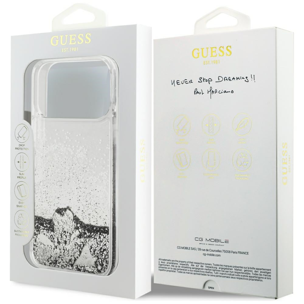 Husa pentru Apple iPhone 18 Pro / 17 Pro, Guess, Liquid Glitter Charms, Argintie