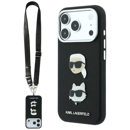 Husa pentru Apple iPhone 18 Pro / 17 Pro, Karl Lagerfeld, Saffiano Crossbody Karl & Choupette Head's Pins Logo, Neagra