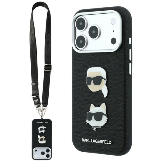 Husa pentru Apple iPhone 18 Pro / 17 Pro, Karl Lagerfeld, Saffiano Crossbody Karl & Choupette Head's Pins Logo, Neagra