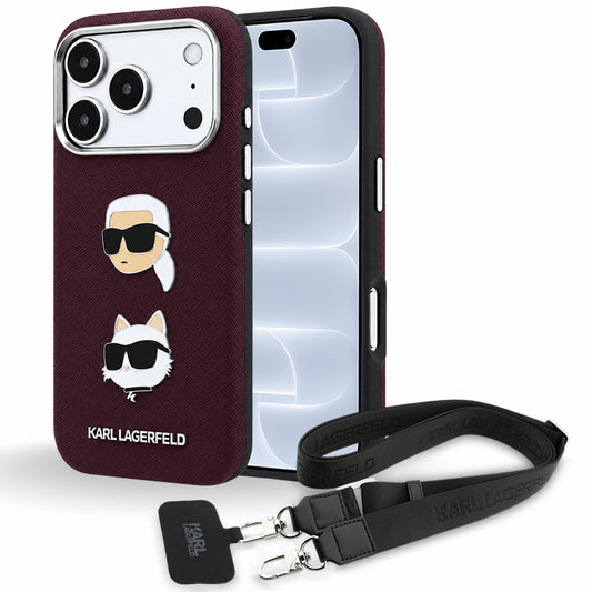 Husa pentru Apple iPhone 18 Pro / 17 Pro, Karl Lagerfeld, Saffiano Crossbody Karl & Choupette Head's Pins Logo, Visinie