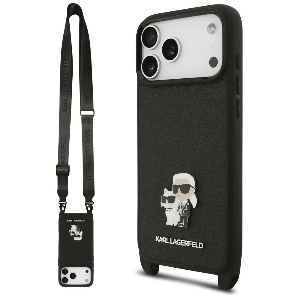 Husa pentru Apple iPhone 18 Pro / 17 Pro, Karl Lagerfeld, Saffiano Crossbody Metal Pin Karl & Choupette, Neagra