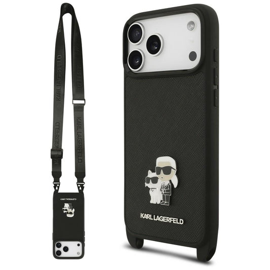 Husa pentru Apple iPhone 18 Pro / 17 Pro, Karl Lagerfeld, Saffiano Crossbody Metal Pin Karl & Choupette, Neagra