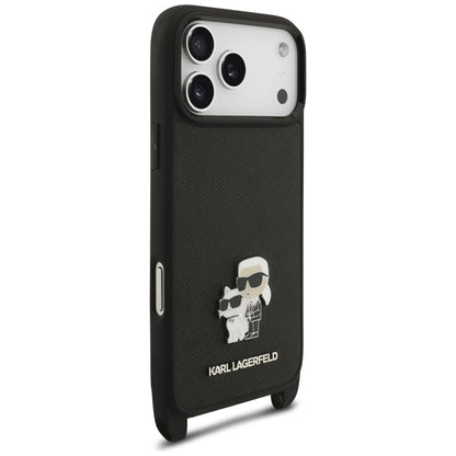 Husa pentru Apple iPhone 18 Pro / 17 Pro, Karl Lagerfeld, Saffiano Crossbody Metal Pin Karl & Choupette, Neagra