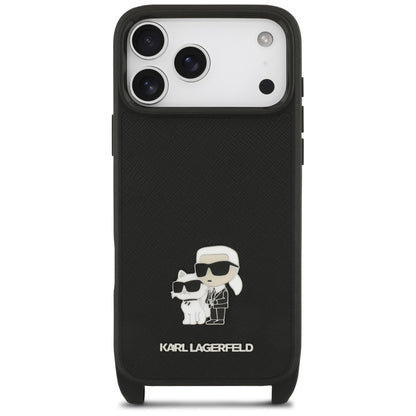 Husa pentru Apple iPhone 18 Pro / 17 Pro, Karl Lagerfeld, Saffiano Crossbody Metal Pin Karl & Choupette, Neagra
