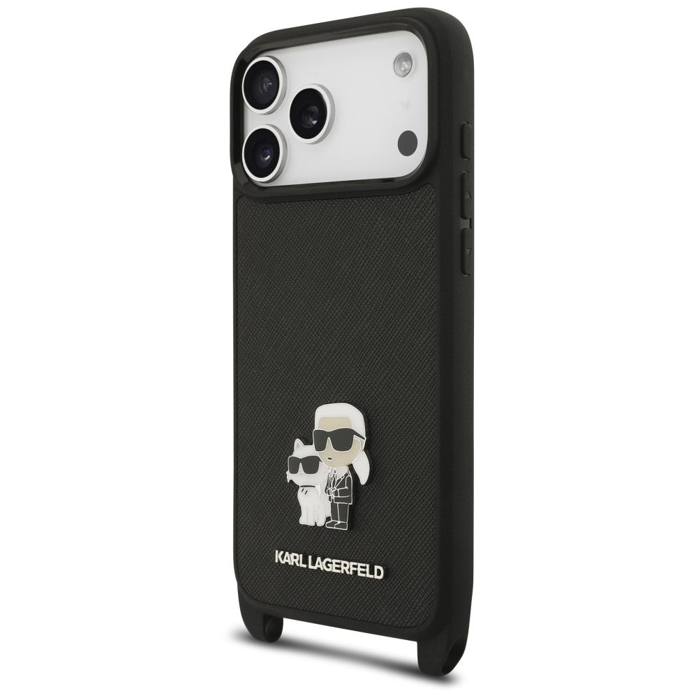 Husa pentru Apple iPhone 18 Pro / 17 Pro, Karl Lagerfeld, Saffiano Crossbody Metal Pin Karl & Choupette, Neagra