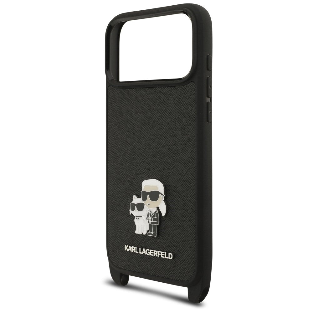Husa pentru Apple iPhone 18 Pro / 17 Pro, Karl Lagerfeld, Saffiano Crossbody Metal Pin Karl & Choupette, Neagra