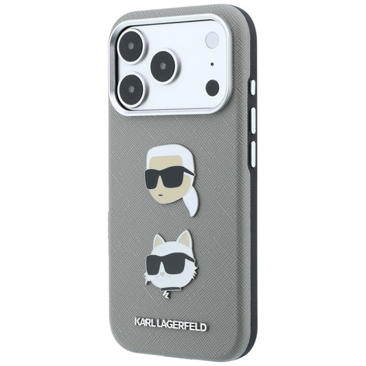 Husa pentru Apple iPhone 18 Pro / 17 Pro, Karl Lagerfeld, Saffiano with Karl & Choupette Head's Pin and Logo, Gri