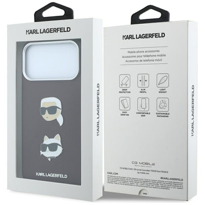 Husa pentru Apple iPhone 18 Pro / 17 Pro, Karl Lagerfeld, Saffiano with Karl & Choupette Head's Pin and Logo, Visinie