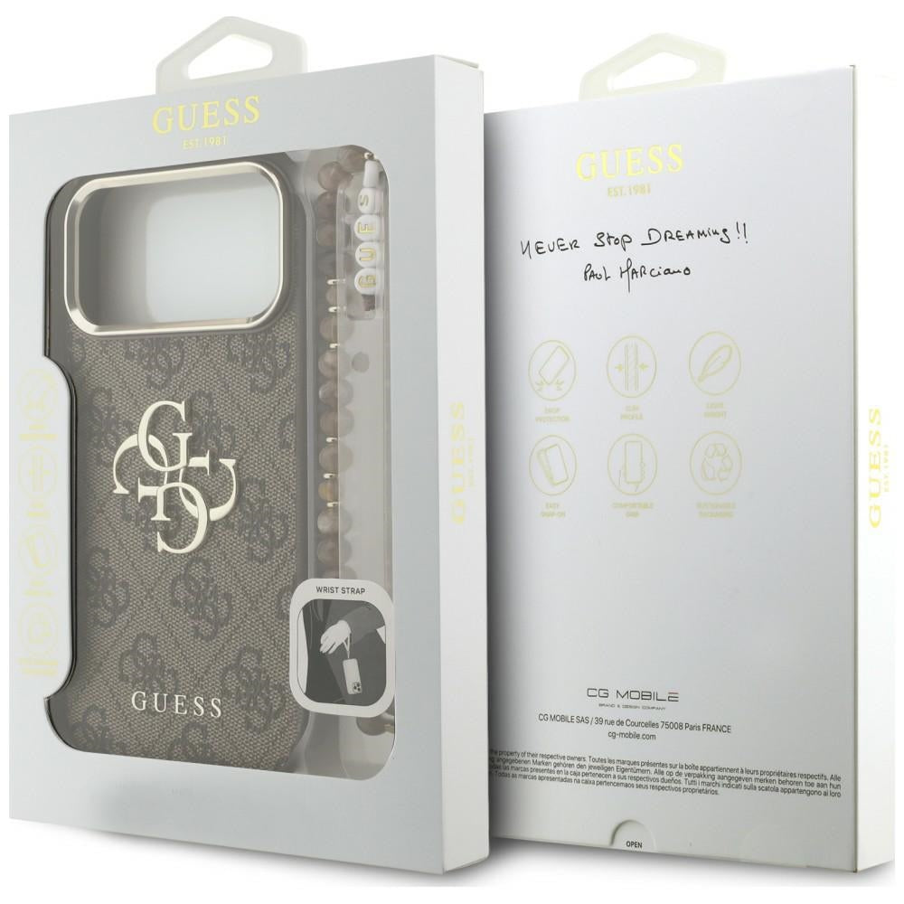 Husa pentru Apple iPhone 18 Pro Max / 17 Pro Max, Guess, 4G Classic Logo with Strap, Maro Aurie