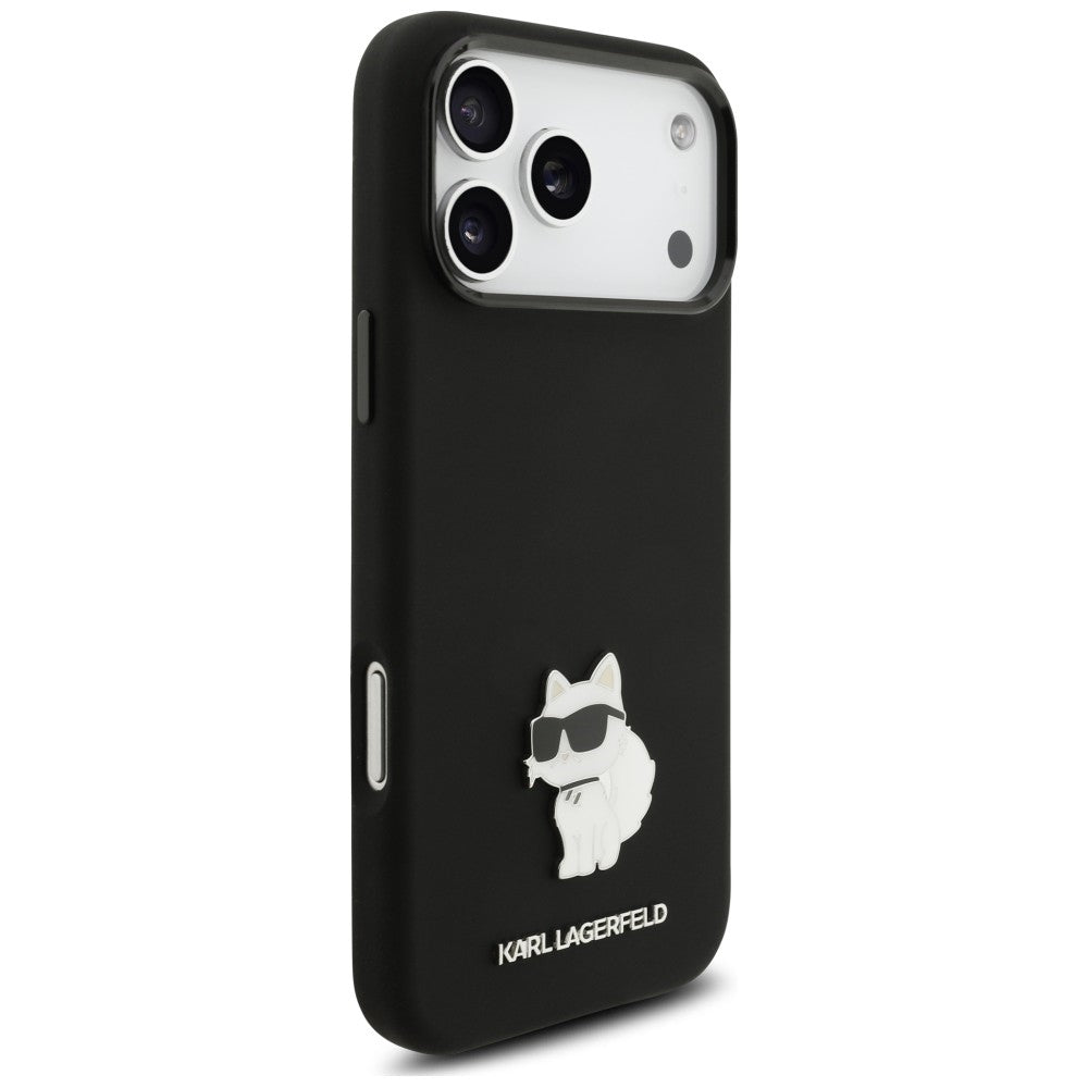 Husa pentru Apple iPhone 18 Pro Max / 17 Pro Max, Karl Lagerfeld, Choupette Metal Pin, Neagra