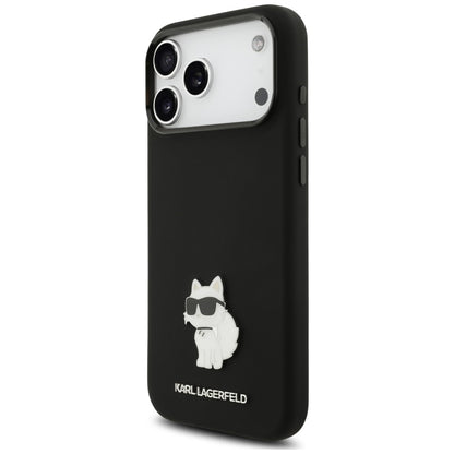 Husa pentru Apple iPhone 18 Pro Max / 17 Pro Max, Karl Lagerfeld, Choupette Metal Pin, Neagra