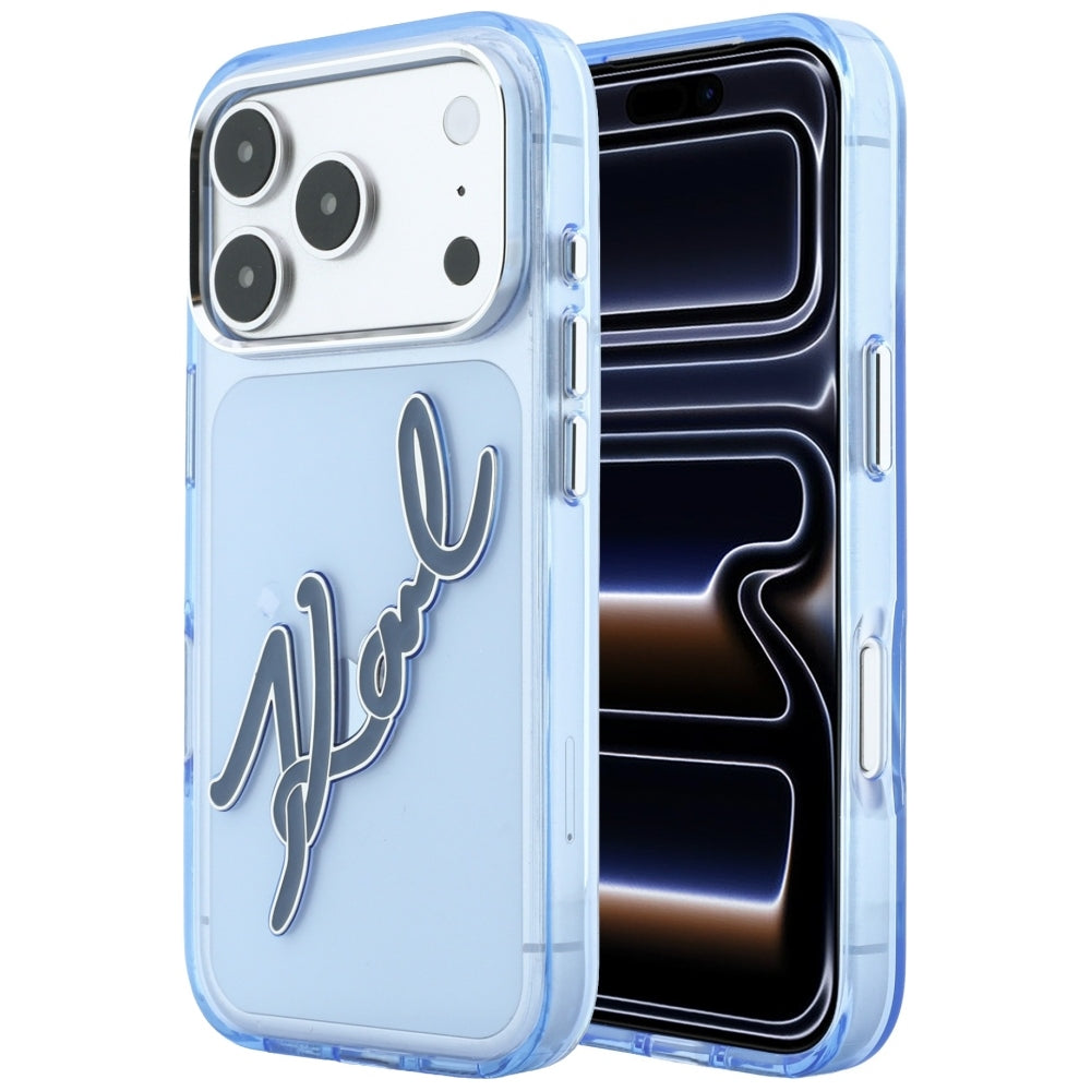 Husa pentru Apple iPhone 18 Pro Max / 17 Pro Max, Karl Lagerfeld, IML Big Signature Resin Logo Metal Frame, Albastra