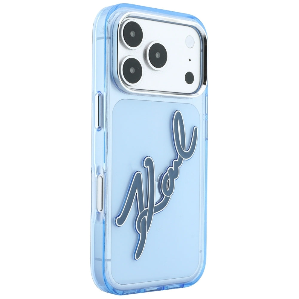 Husa pentru Apple iPhone 18 Pro Max / 17 Pro Max, Karl Lagerfeld, IML Big Signature Resin Logo Metal Frame, Albastra