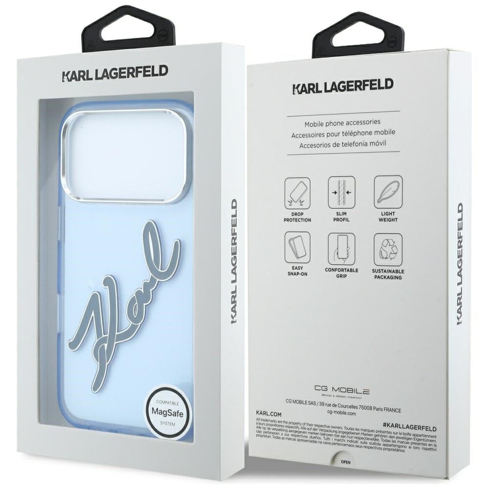 Husa pentru Apple iPhone 18 Pro Max / 17 Pro Max, Karl Lagerfeld, IML Big Signature Resin Logo Metal Frame, Albastra