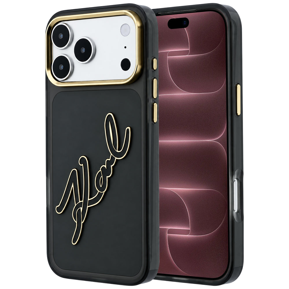 Husa pentru Apple iPhone 18 Pro Max / 17 Pro Max, Karl Lagerfeld, IML Big Signature Resin Logo Metal Frame, Neagra