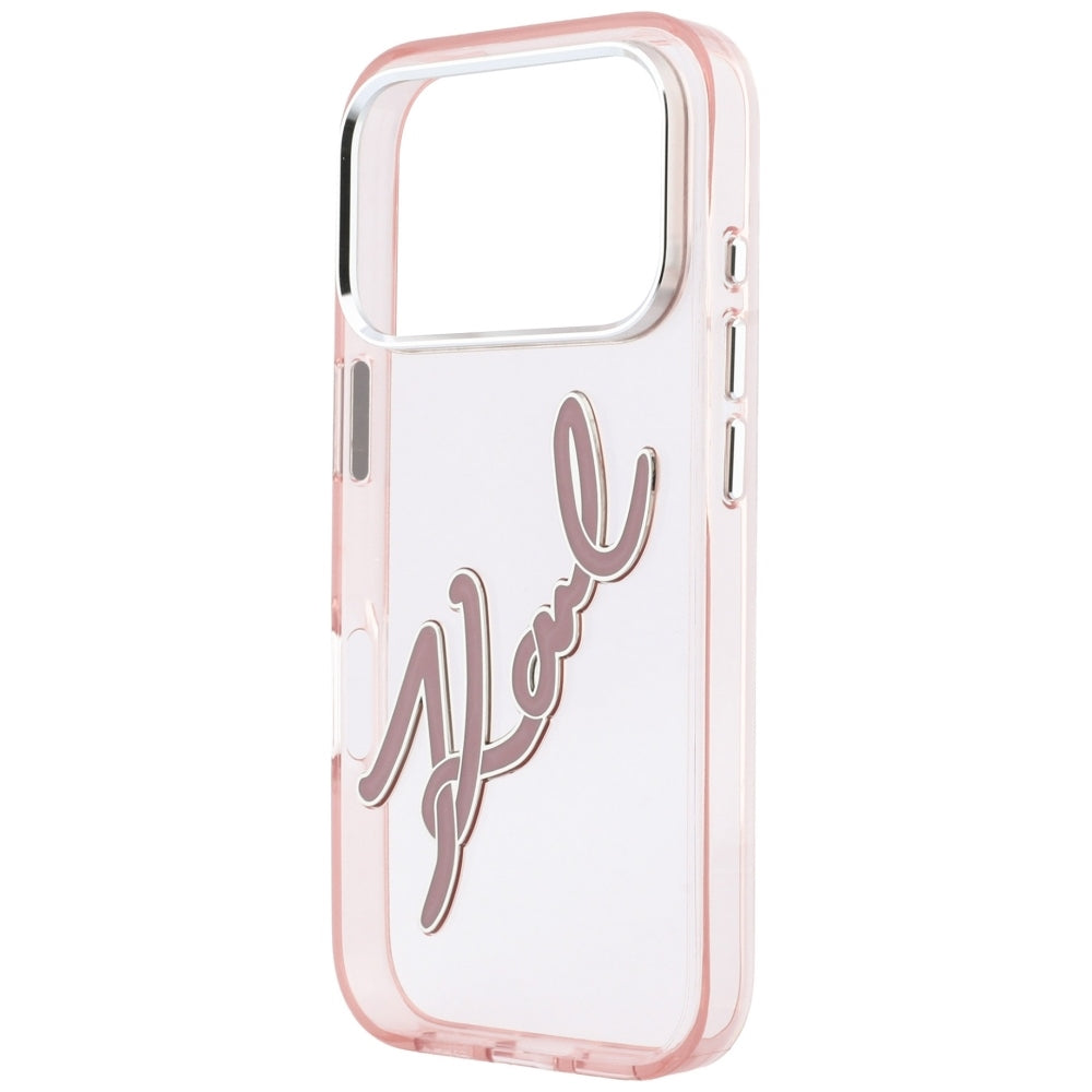 Husa pentru Apple iPhone 18 Pro Max / 17 Pro Max, Karl Lagerfeld, IML Big Signature Resin Logo Metal Frame, Roz
