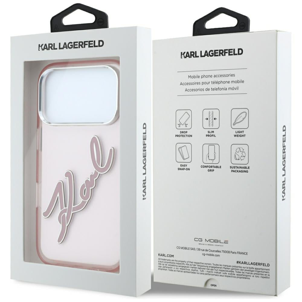 Husa pentru Apple iPhone 18 Pro Max / 17 Pro Max, Karl Lagerfeld, IML Big Signature Resin Logo Metal Frame, Roz