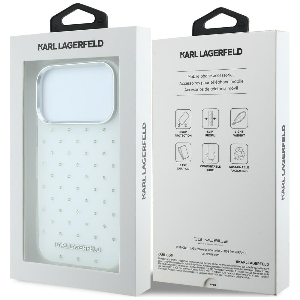 Husa pentru Apple iPhone 18 Pro Max / 17 Pro Max, Karl Lagerfeld, IML Rhinestones and Electroplated Logo, Alba
