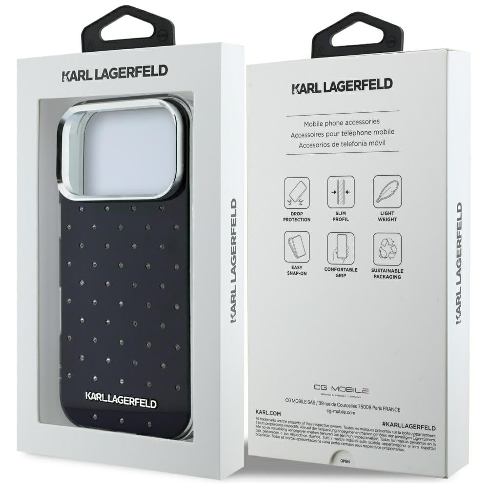 Husa pentru Apple iPhone 18 Pro Max / 17 Pro Max, Karl Lagerfeld, IML Rhinestones and Electroplated Logo, Neagra