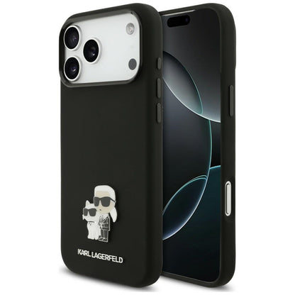 Husa pentru Apple iPhone 18 Pro Max / 17 Pro Max, Karl Lagerfeld, Karl & Choupette Metal Pin, Neagra