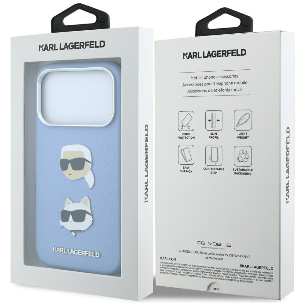 Husa pentru Apple iPhone 18 Pro Max / 17 Pro Max, Karl Lagerfeld, Saffiano with Karl & Choupette Head's Pin and Logo, Bleu