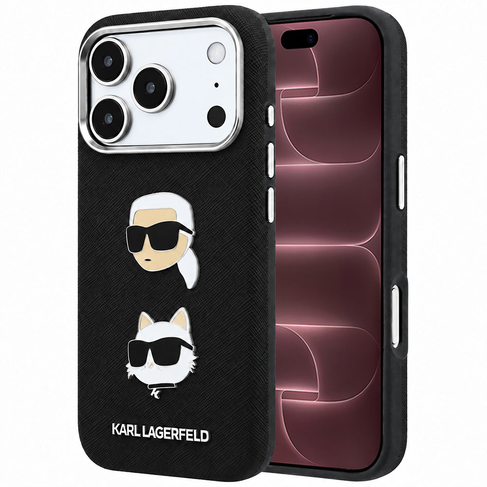Husa pentru Apple iPhone 18 Pro Max / 17 Pro Max, Karl Lagerfeld, Saffiano with Karl & Choupette Head's Pin and Logo, Neagra