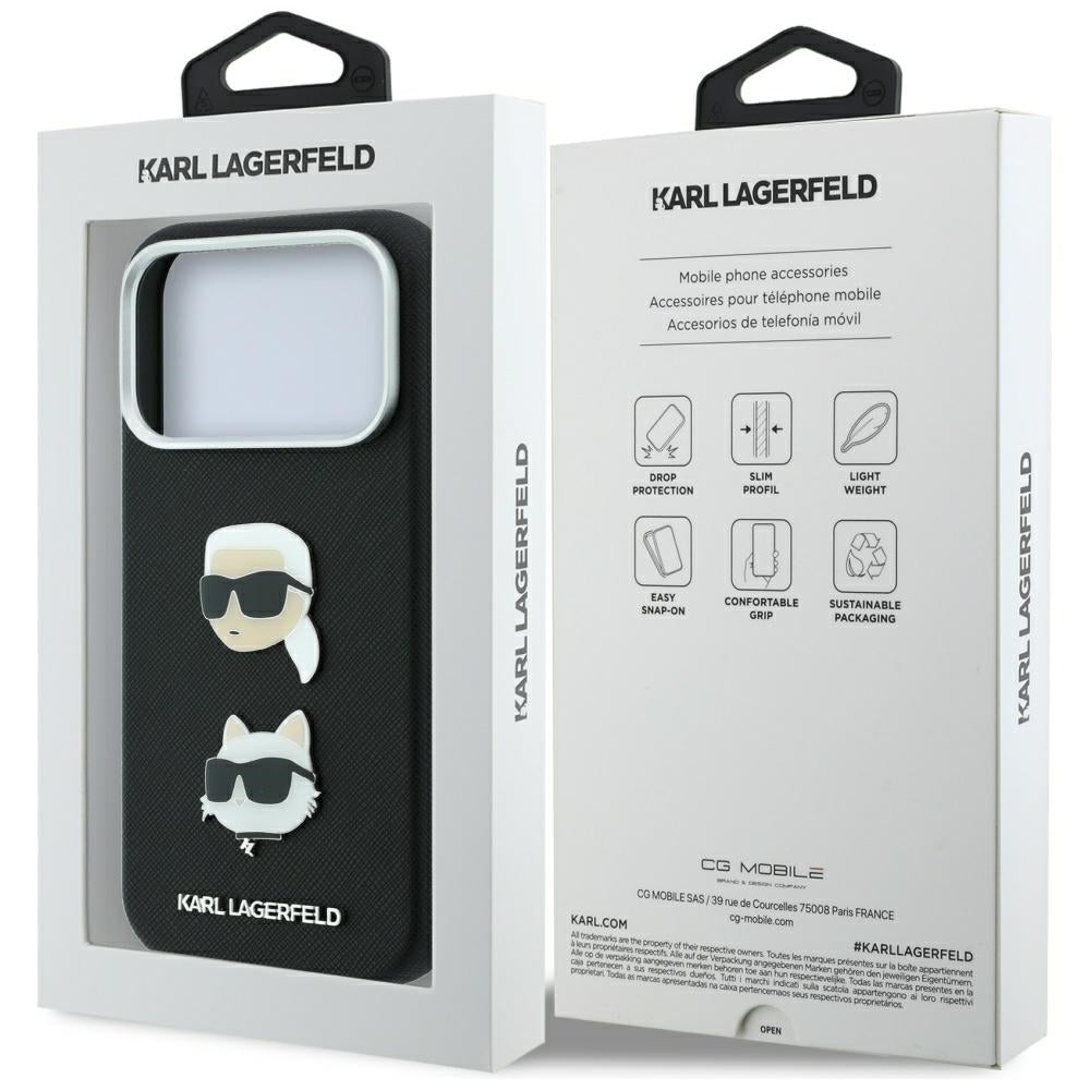 Husa pentru Apple iPhone 18 Pro Max / 17 Pro Max, Karl Lagerfeld, Saffiano with Karl & Choupette Head's Pin and Logo, Neagra