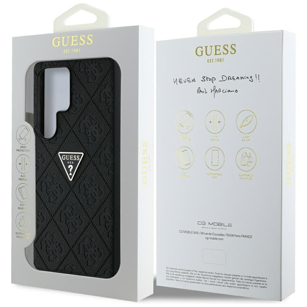 Husa pentru Samsung Galaxy S25 Ultra S938, Guess, Grained Hot Stamp 4G Triangle, Neagra