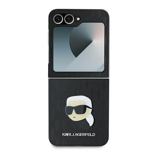 Husa pentru Samsung Galaxy Z Flip7 FE F761 / Z Flip6 F741, Karl Lagerfeld, Saffiano Monogram Karl's Head Metal, Neagra
